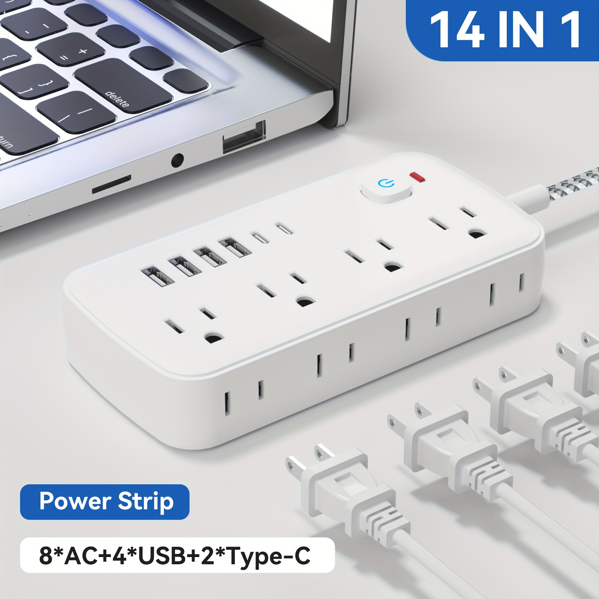 

14-in-1 With 8 Outlets And 6 Usb (2 Type-c), Wall Mountable, Unique Braided Extension Design, Switch , Us Plug, 110v-130v, Rectangle Shape