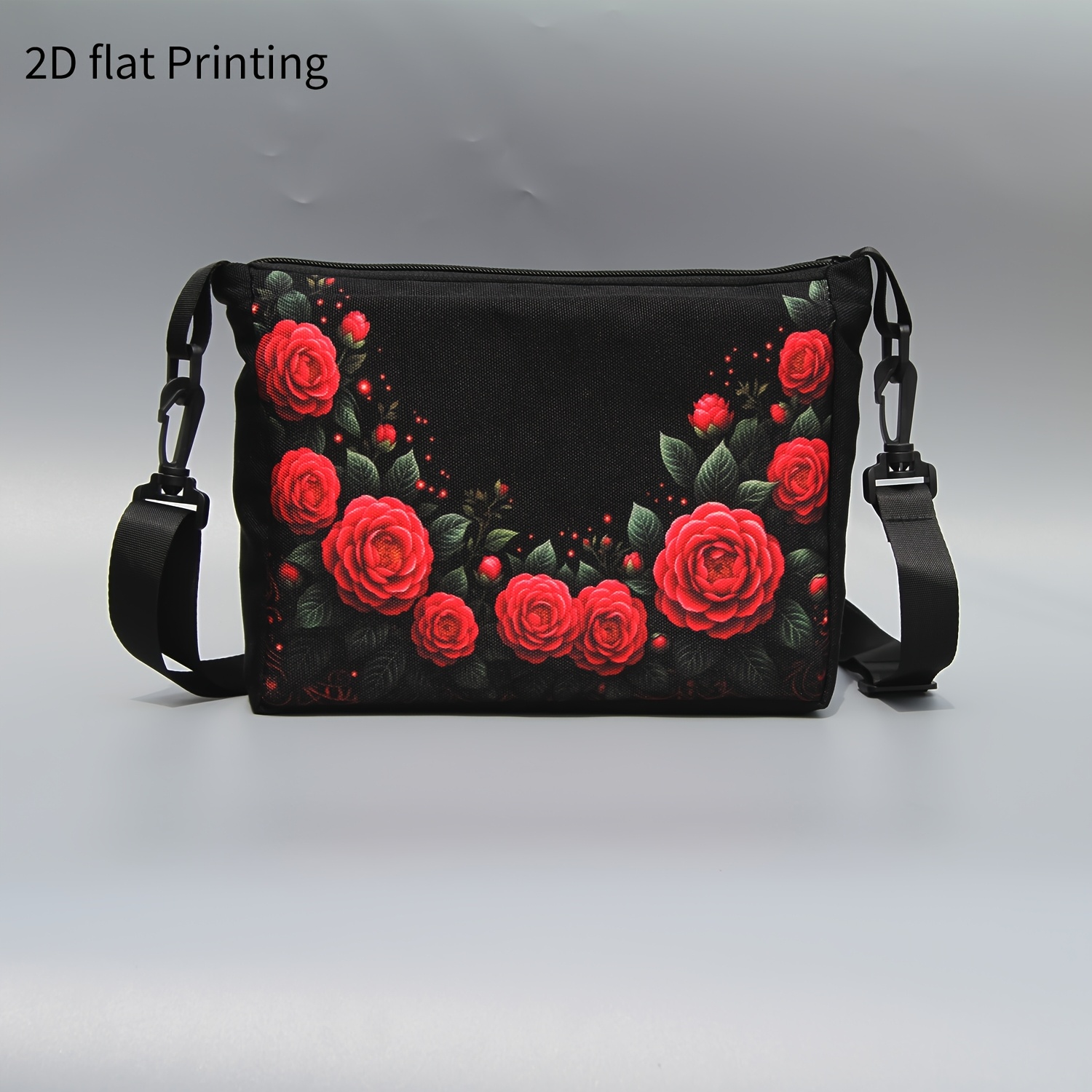 TEMU 2d Flat Printing Messenger Bag Red Roses Embroideryshoulder Bagcrossbody Bag Red Roses Embroideryadjustable Shoulder Strap