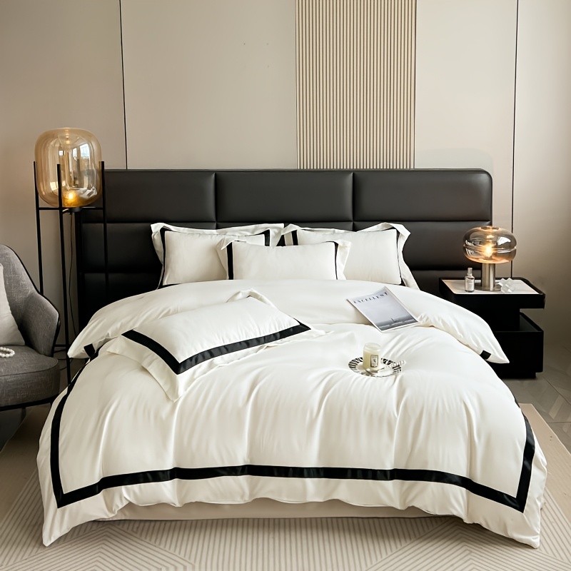 4pcs Elegant Black & White Quilted Bedding Set - Soft Polyester, Machine Washable, Zip Closure, All-Season Comfort, Perfect Gift for Luxury Home Decor, Machine Washable Comfort|Minimalist Aesthetic|Zippered Comforter