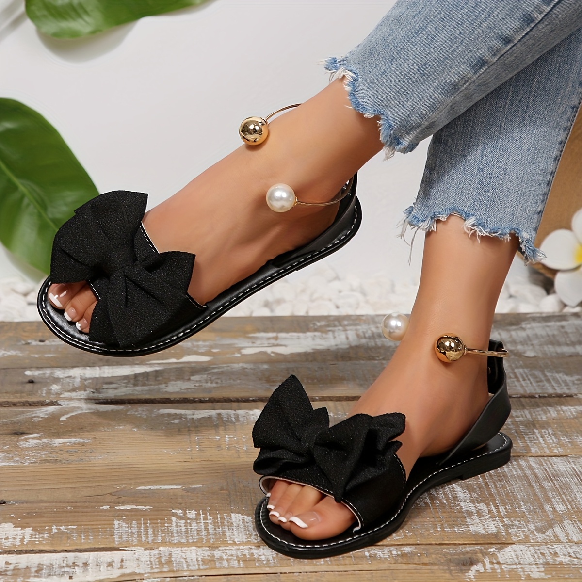 new   size womens comfortable and simple round toe open toe flat sandals with bow decoration and metal beads   casual summer beach   Product details 2