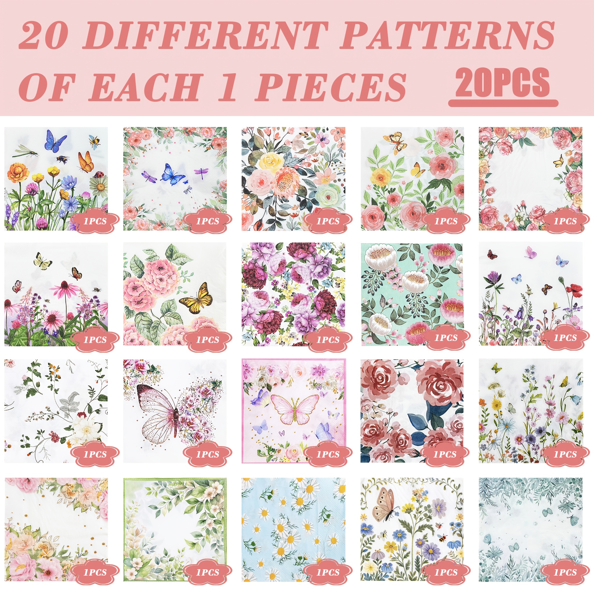 TEMU Un ensemble de 20 serviettes en papier jetables avec 20 différents, présentant une variété de de papillons et de fleurs. Parfait pour les fêtes
