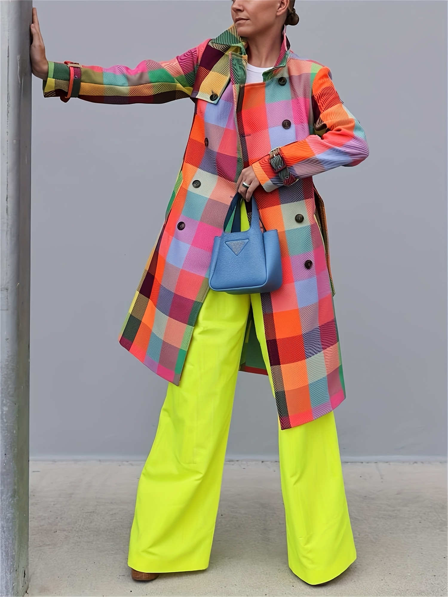 Trenca larga de estilo europeo y americano para mujer, a cuadros arcoíris a la moda, con cinturón, nueva chaqueta de doble botonadura a cuadros florales para primavera/otoño, abrigo de mujer de gama alta con arcoíris de colores contrastantes