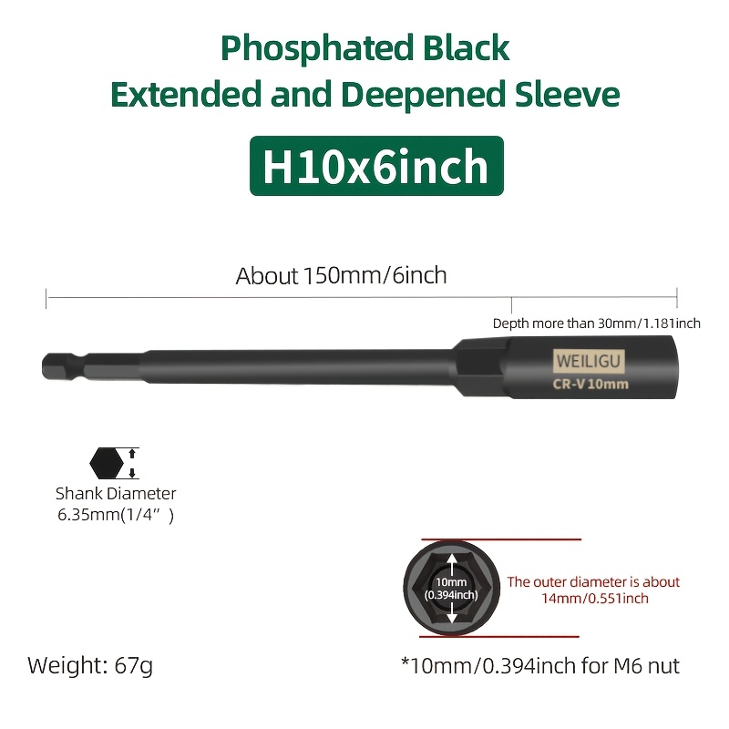 TEMU 1pc Extended 150mm Deep Socket Head, Non-power Tool Accessory, Effective Straight Shank Depth Over 30mm, Black Phosphating For Rust Prevention,