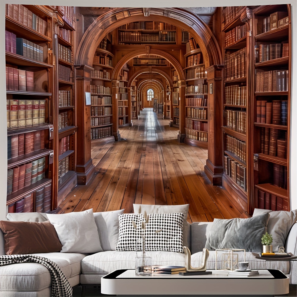 

Vintage Library Bookshelf Backdrop Rolled Canvas, Polyester Fiber, For Living Room Bedroom Office Home Decor, With Free Installation Kit (1 Piece)