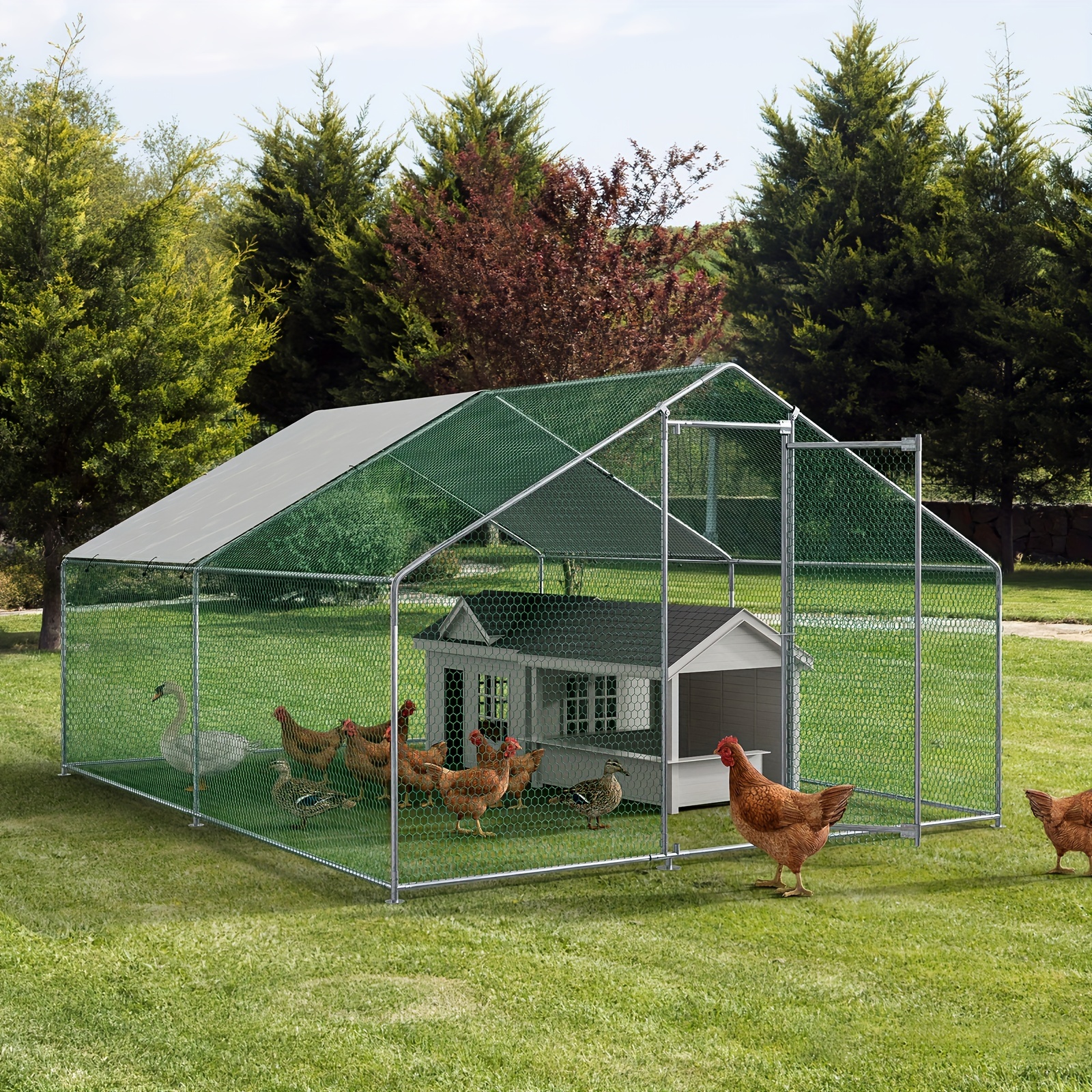 

Large Metal Chicken Coop, Chicken Runs For Yard With Waterproof And Anti-uv Cover, Walk-in Poultry Duck Goose Hen Rabbit House Cage For Outdoor Farm Use
