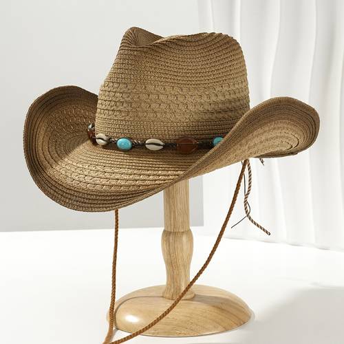 1pc boho cowboy straw hat for women men turquoise shell decorated western cowgirl hat with windproof chin strap wide brim sun hat for beach vacation outdoor