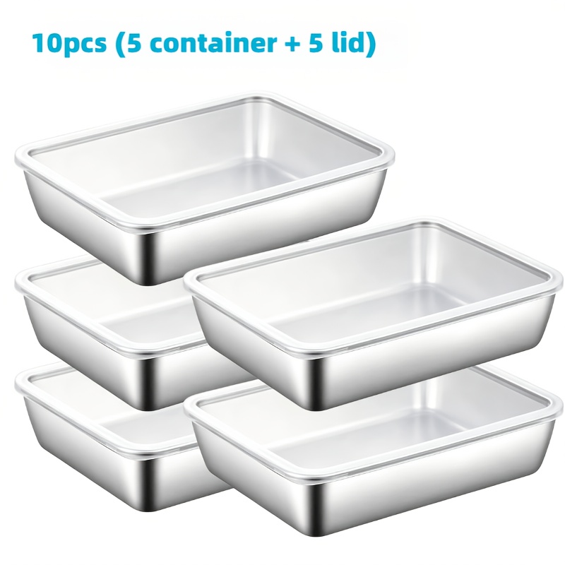TEMU 10pcs(5 Containers+5 Lids) Stainless Steel Outdoor Food Storage Container Includes Lid Stackable Design, Large Capacity For Vegetables, Fruits,