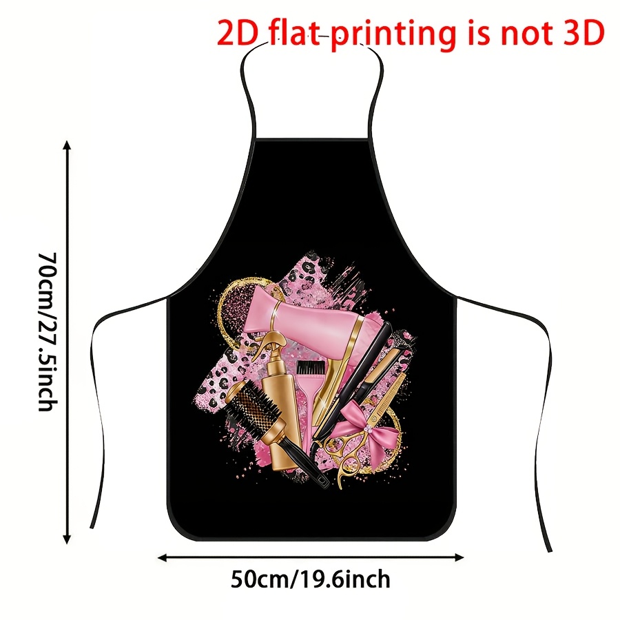 TEMU 2d Flat Printing Is Not 3d, 1pc Black Background Pink Tool Apron With Hair Dryer And Scissors And Leopard Print Glitter Decoration, Durable