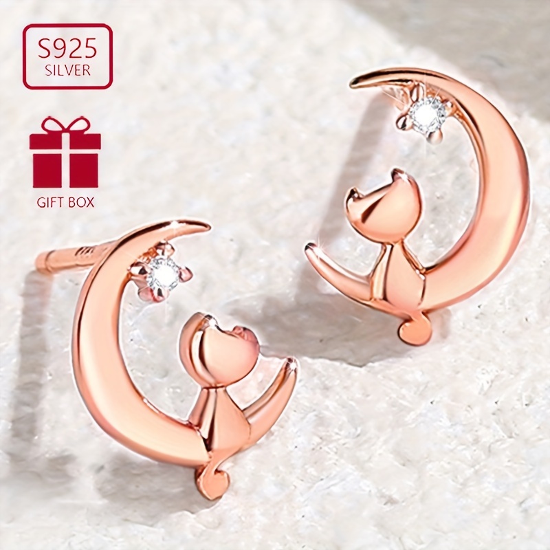 

Sterling 925 Silver Hypoallergenic Ear Jewelry Exquisite Moon Cat Design Stud Earrings Cute Simple Style Adorable Female Gift