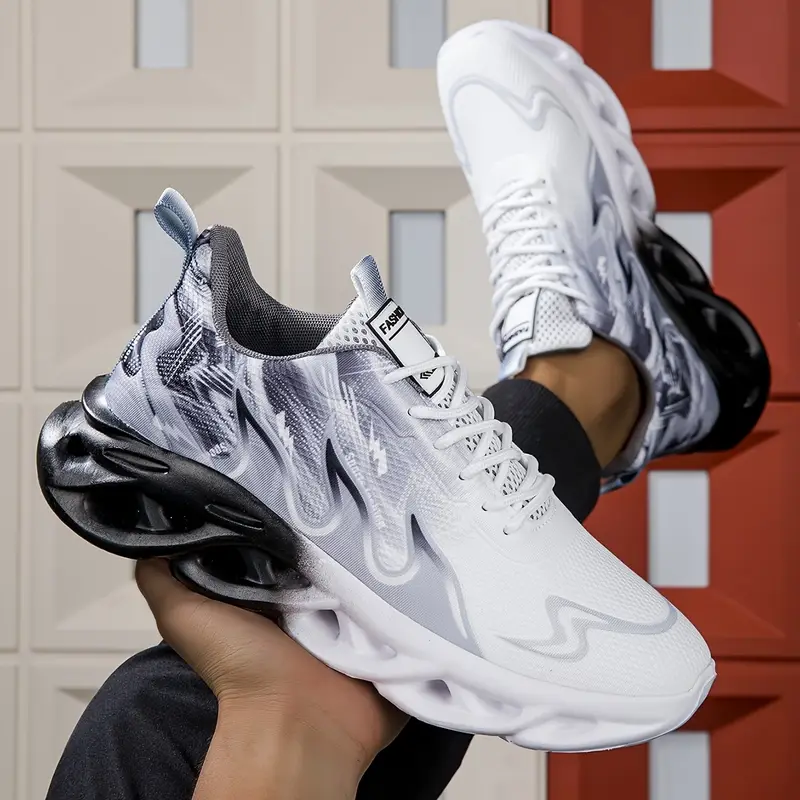 breathable mesh fashion sneakers for men and women non slip low top outdoor running shoes geometric pattern lace up and slip on comfortable fabric insole md sole round toe details 1