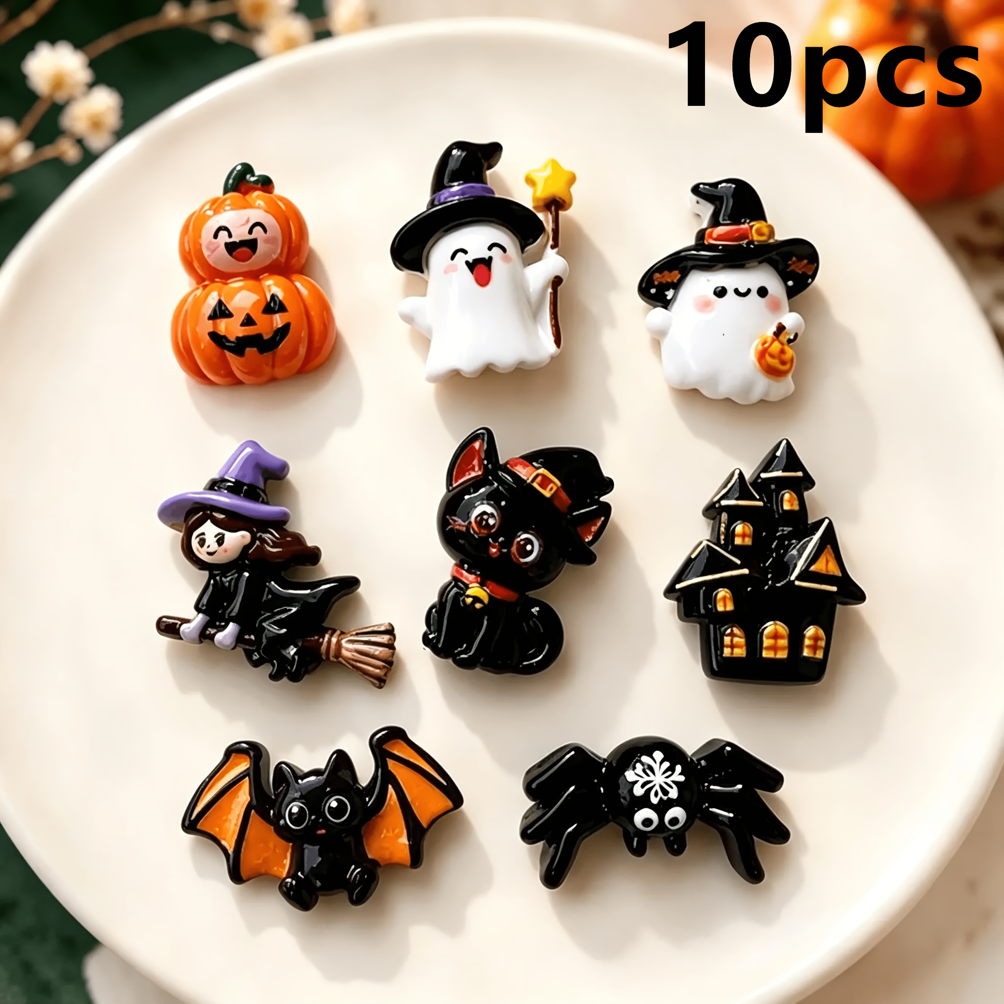 TEMU Lot de 10 accessoires en résine à pour enfants : sorcières, chauves-souris, citrouilles, araignées, démons, pour coques de téléphone portable,