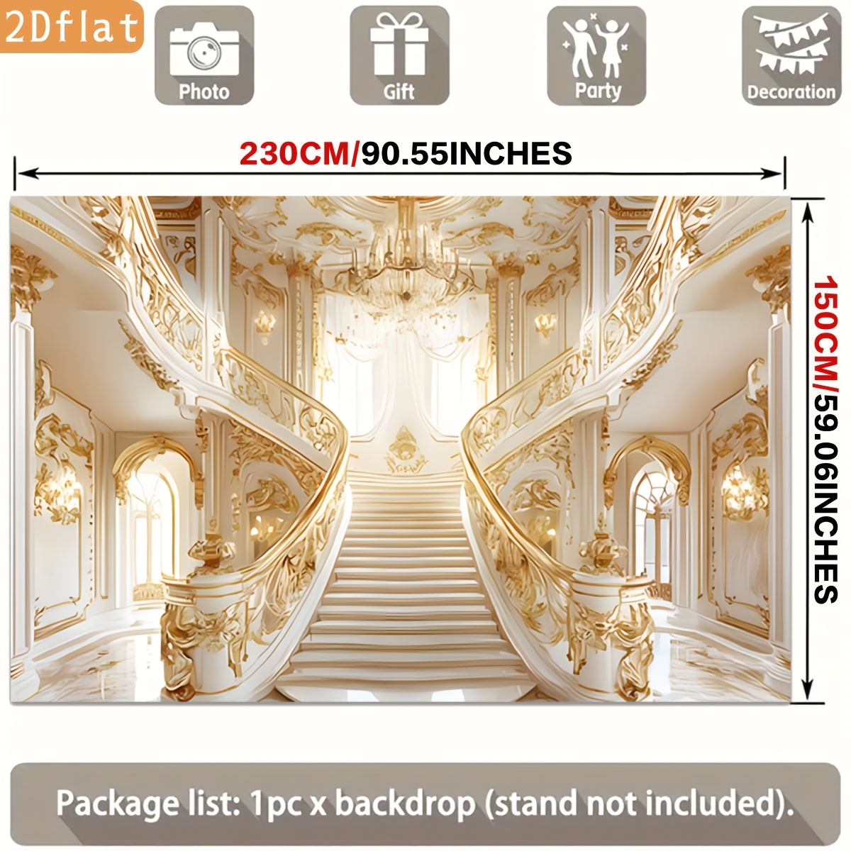 Golden Ornate Staircase White Marble Chandelier Backdrop Banner for Parties