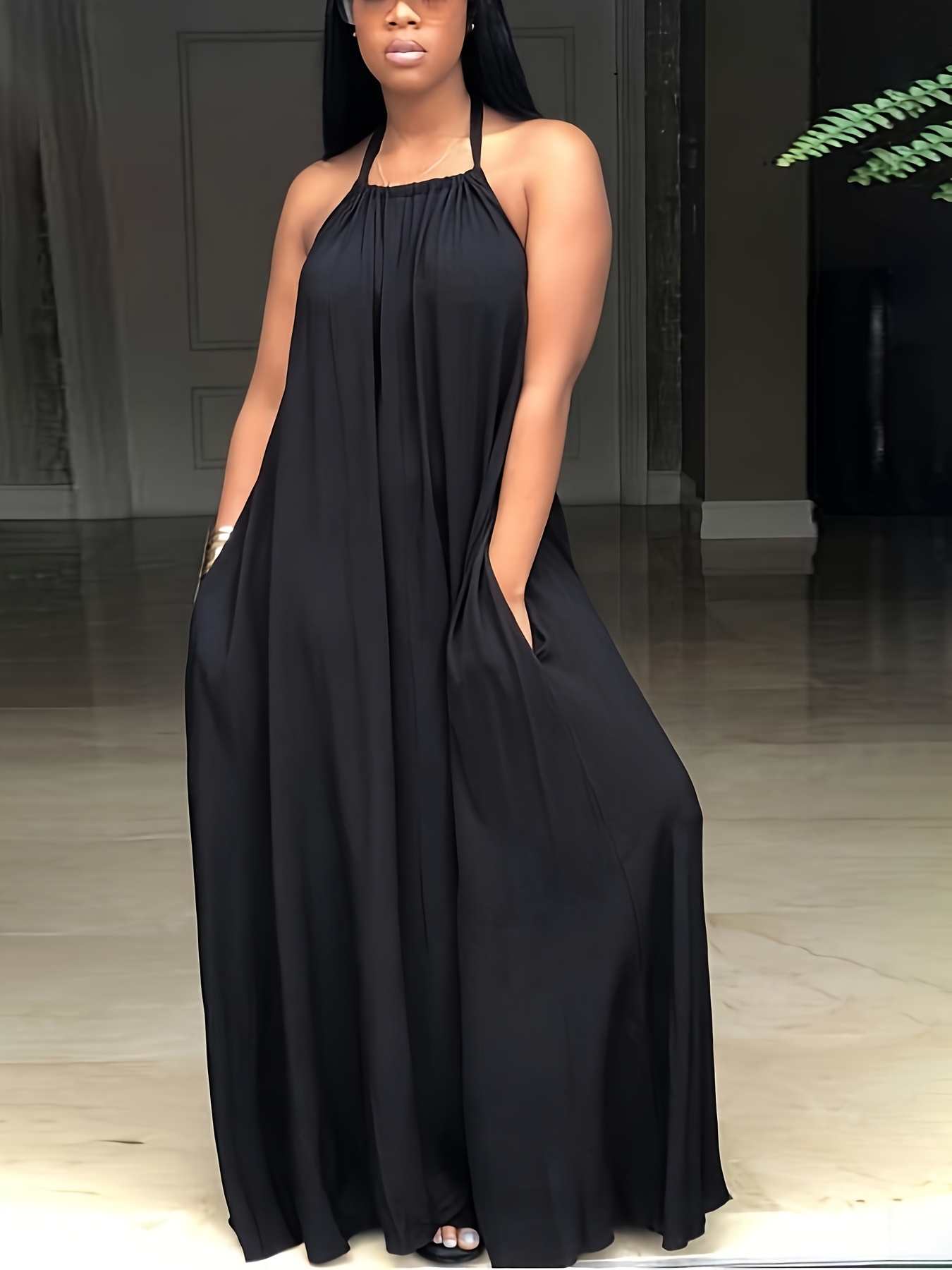 plus size - women's plus size black halter neck maxi dress with tie-back  detail - casual summer style, sleeveless, polyester, casual summer dress|tied  |polyester fabric - women' clothing - Temu