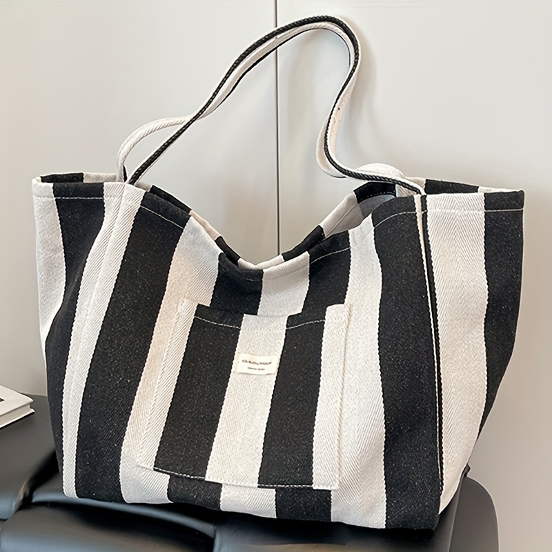 Image of Women's -block Striped Pattern Shoulder Bag, Large Capacity Versatile Tote Bag Bag Style Travel Beach Bag For Shopping And Spacious Shoulder Handbag, Suitable For Work, Shopping
