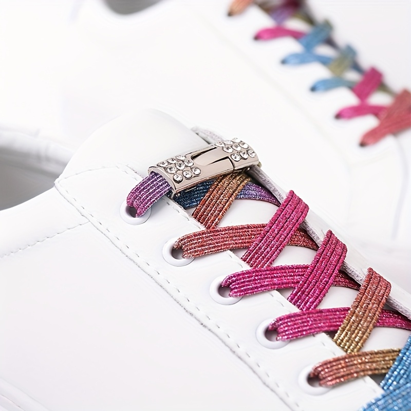 1 Pair Elastic No-Tie Shoe Laces with Diamond Buckle, Lightweight Acetate Rivet Laces, Solid Color Fashion Sneaker Laces, Hand Washable, Woven Craftsmanship, Sports Style