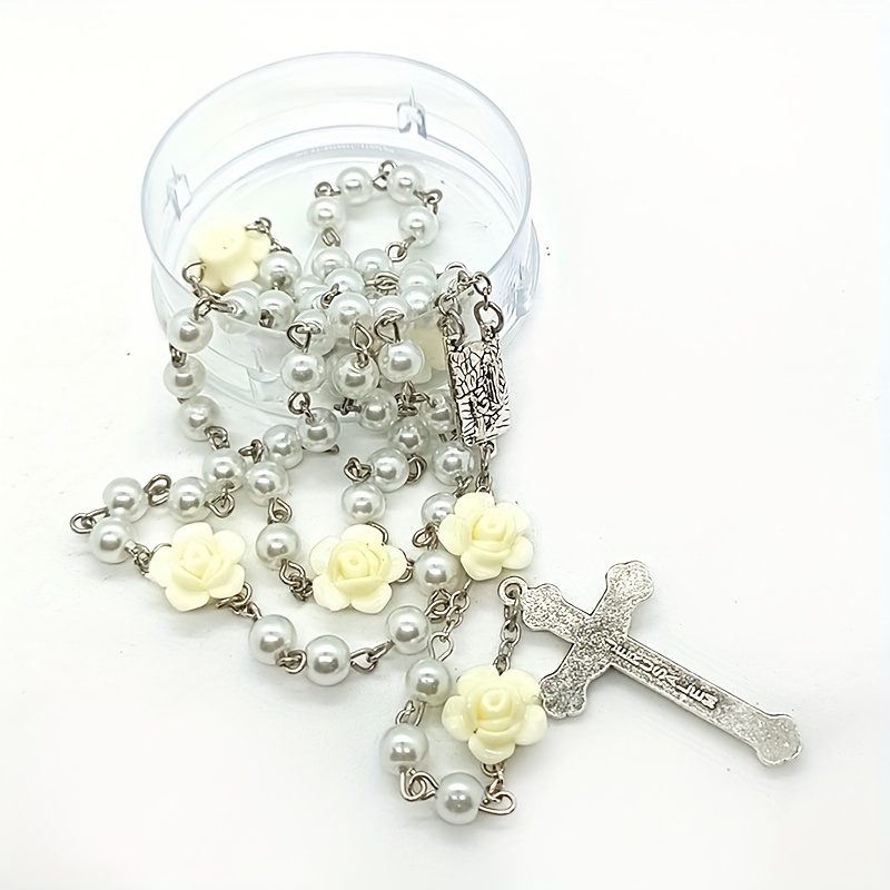 Elegant Cute Rosary Beads Necklace with Resin Roses and Cross Pendant  Fashion Religious Jewelry for Daily Wear, Suitable for