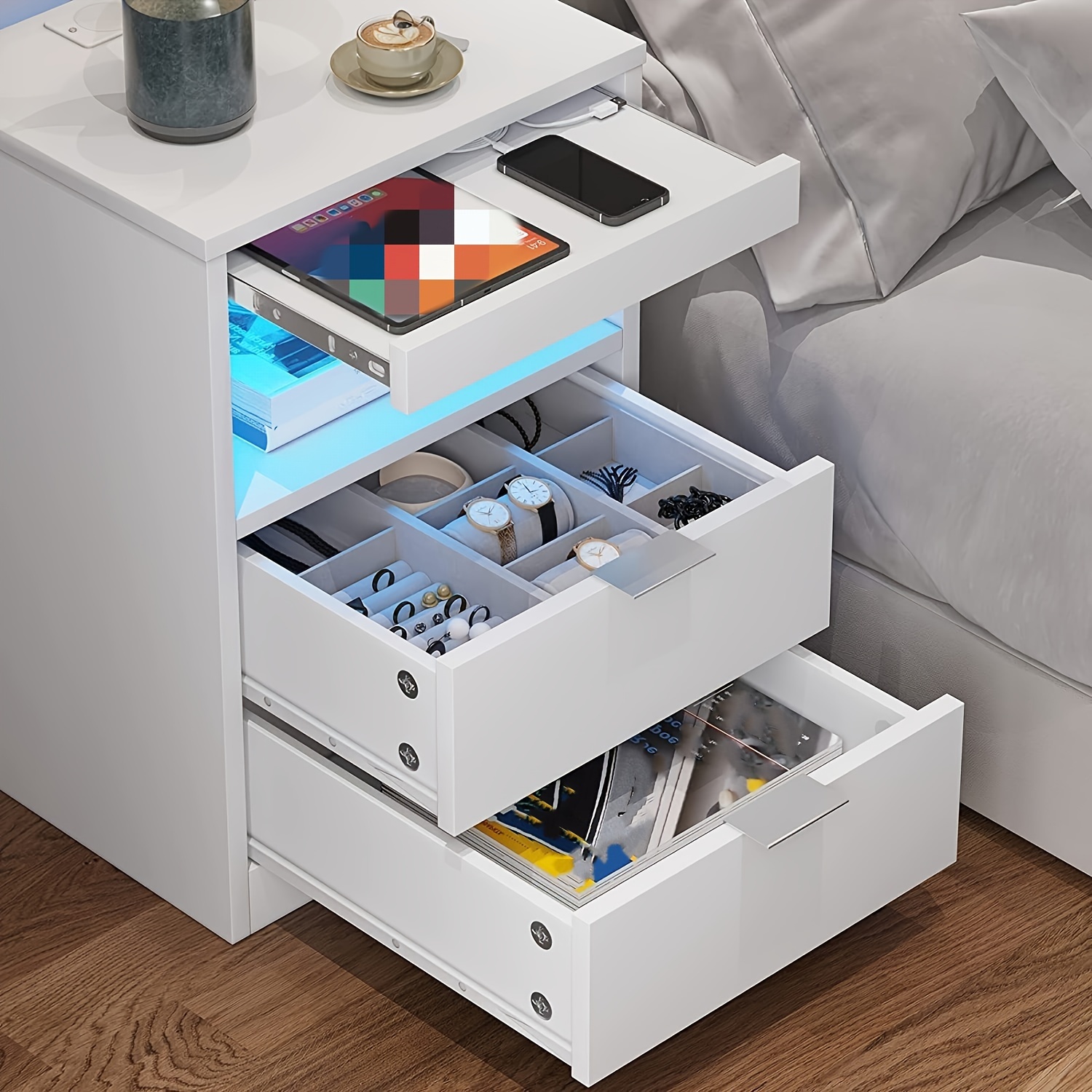 

Led Nightstand With Pull-out Shelf&led Lights&wireless Charging Station, Bedside Table End Side Table For Bedrooms, White