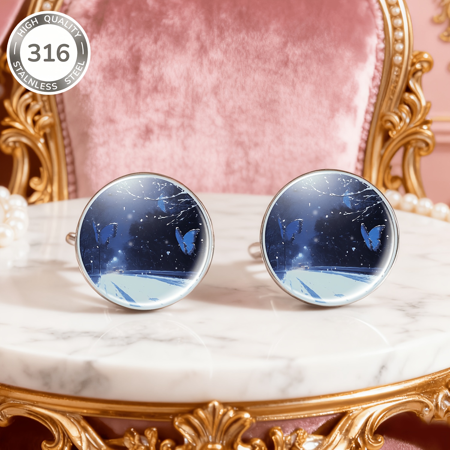 2pcs No-Piercing Stainless Steel Earrings with Night Scene Butterflies