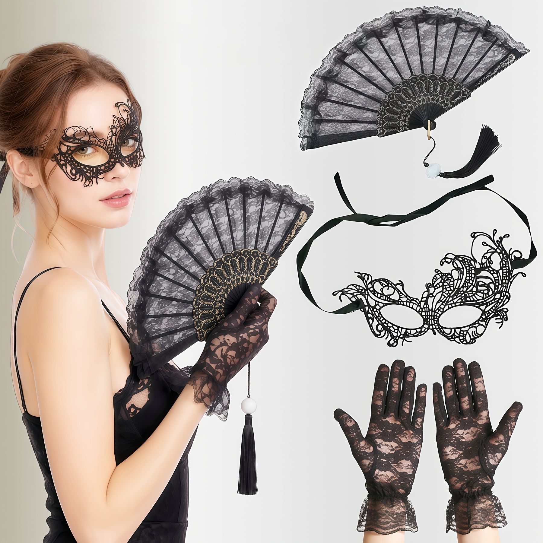 immagine dell'articolo set da 4 pezzi con   pieghevole elegante in pizzo, guanti e maschera per il   adatti per feste in maschera, costumi da sposa, maschere per   - con motivi a pizzo casuali gratuiti per tea party,   di     e outfit per servizi fotografici