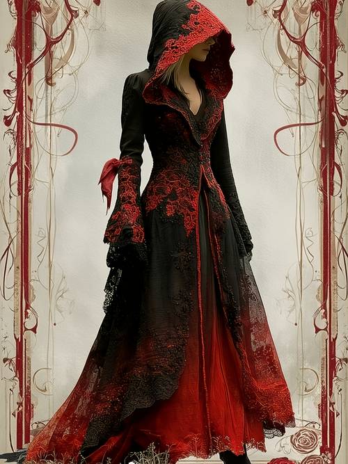 gothic red and black hooded maxi dress medieval witch cosplay or as a victorian lace embroidered renaissance gown for halloween celebrations