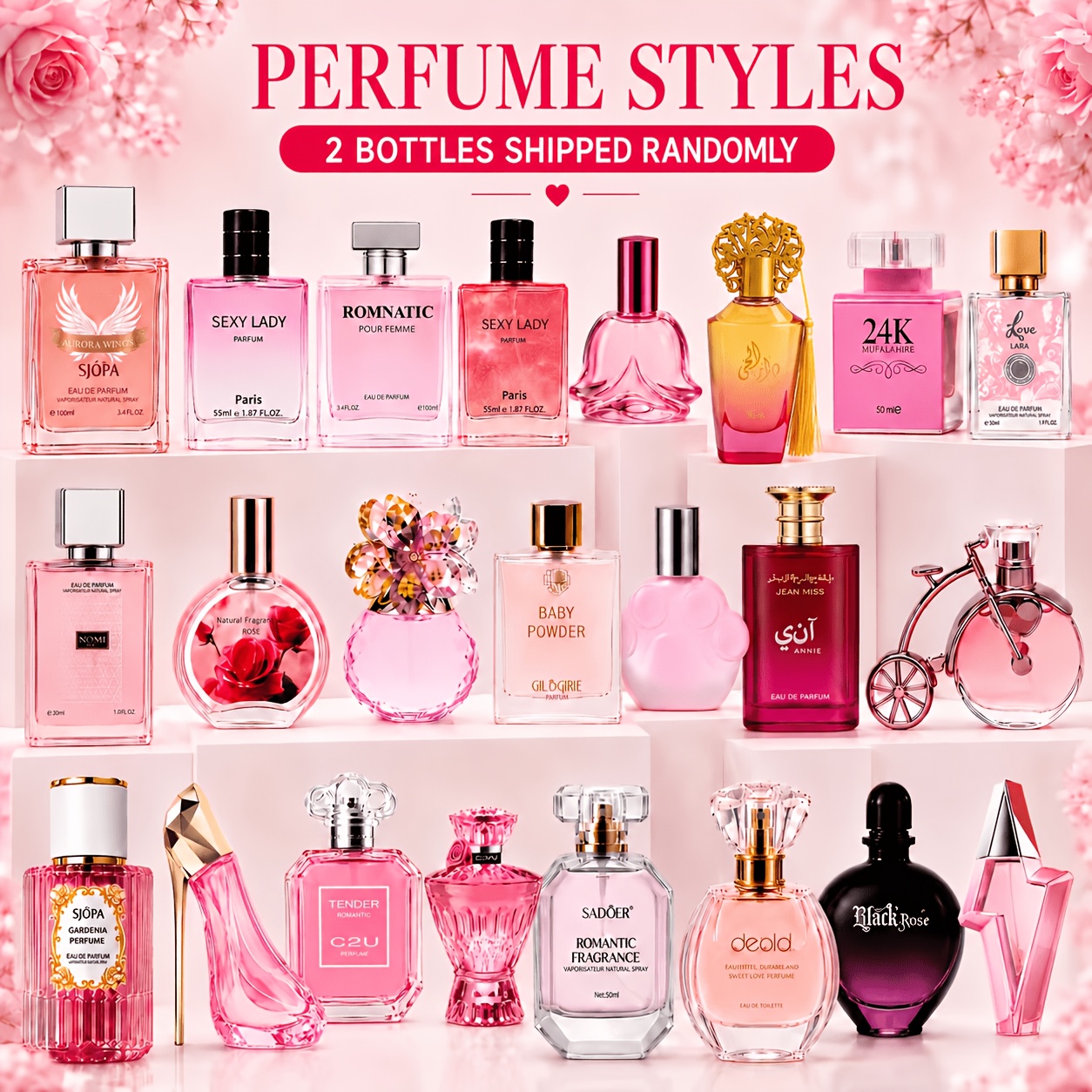 Image of Random 2 Bottles Of Women's Perfume | Fruity | Floral | Surprise | Light And Elegant Fragrance | Affordable Luxury Glass Bottles For | A Different Fruity Scent Day | Birthday Gift For Your Girlfriend