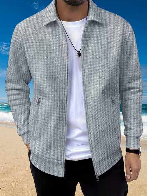 summer mens lapel waffle knit outdoor sports comfortable long sleeve zipper jacket in multiple colors used as a mens birthday gift