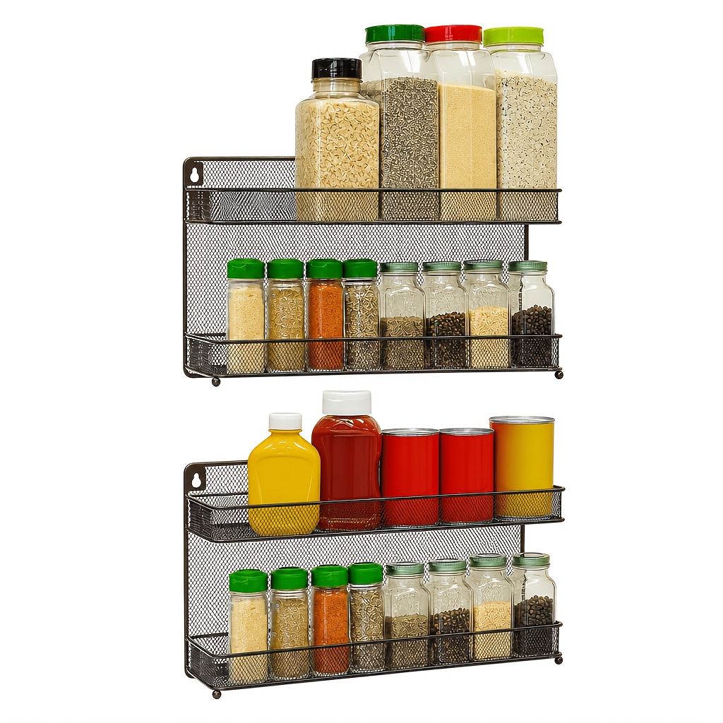 Image of 2 Mounted Spice Rack, 2 Tier Metal Mesh Hanging Seasoning Organizer Shelf, 13kg Heavy Duty Storage Rack For Kitchen Cabinet Door Pantry Bathroom, Utility Racks