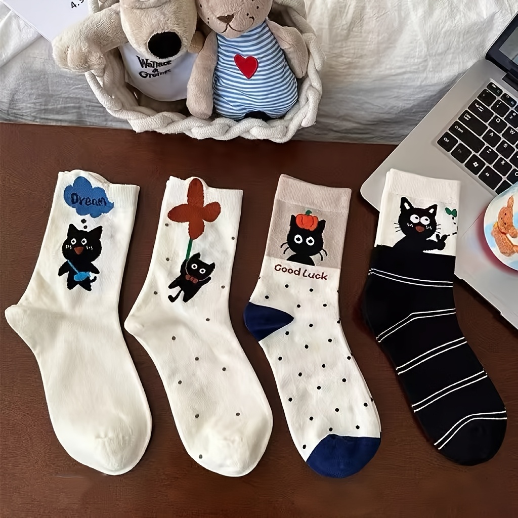 4 Pairs Of Cute Cat Mid-calf Socks For Autumn And Winter