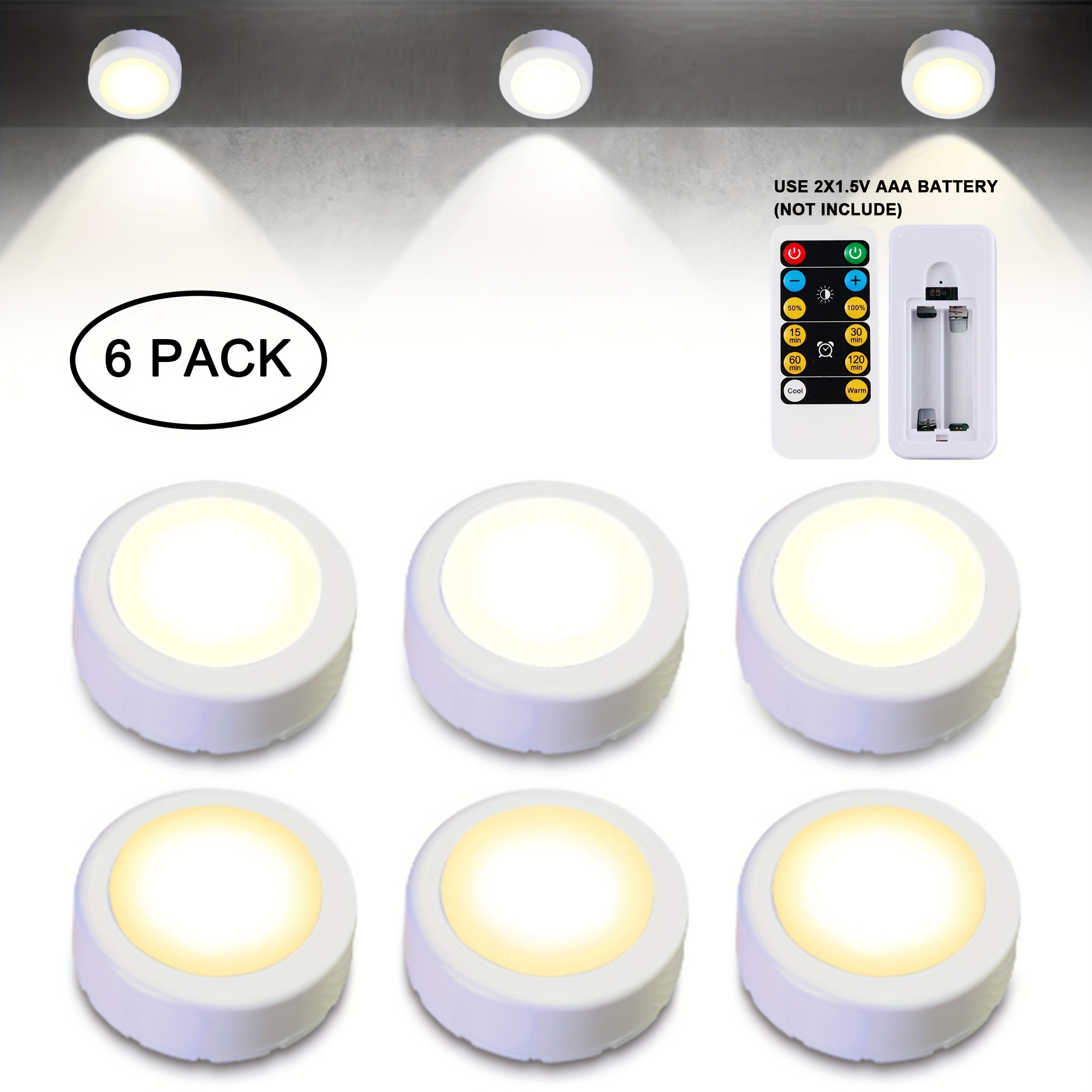 TEMU 6pcs Remote Control Led Cabinet Light Cool/warm Light Adjustable Push Light, Use 3*aaa Batteries (not Included) Closet Light