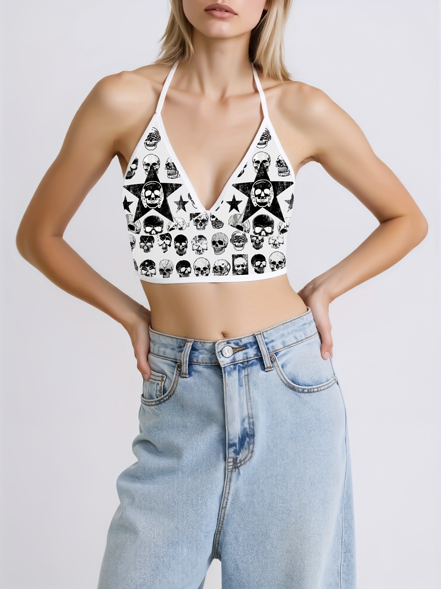 y2k gothic skeleton print backless crop top black white - Temu