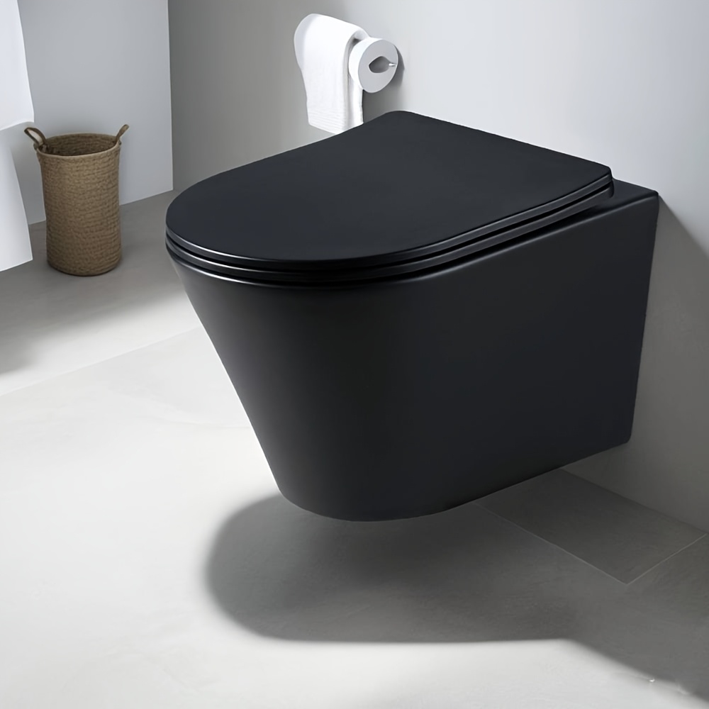 Image of Rimless Wall Mounted Toilet, Matte Black, Toilet For Bathroom, Round Wall Mounted Toilet, Uf Toilet Seat With Soft Closing, , 485 X 355 X 355mm