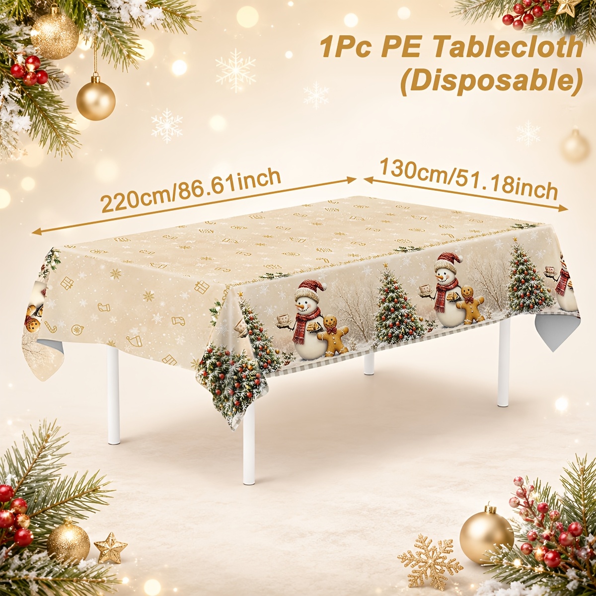 TEMU 1pc, Textured Christmas Disposable Pe Tablecloth, 130 X 220cm, Snowman Gingerbread Man Pattern Tablecloth, Merry Christmas Decoration For Home,