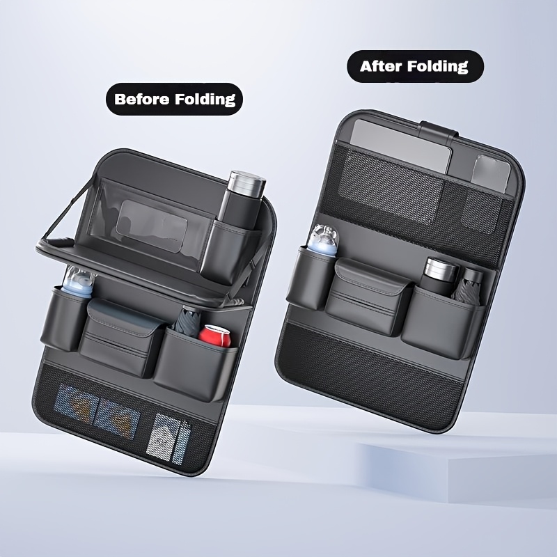TEMU Pu Leather Car Seat Backrest Organizer With Multiple Compartments, Mesh Pockets, And Laptop Stand - A Foldable Travel Storage Bag For Car