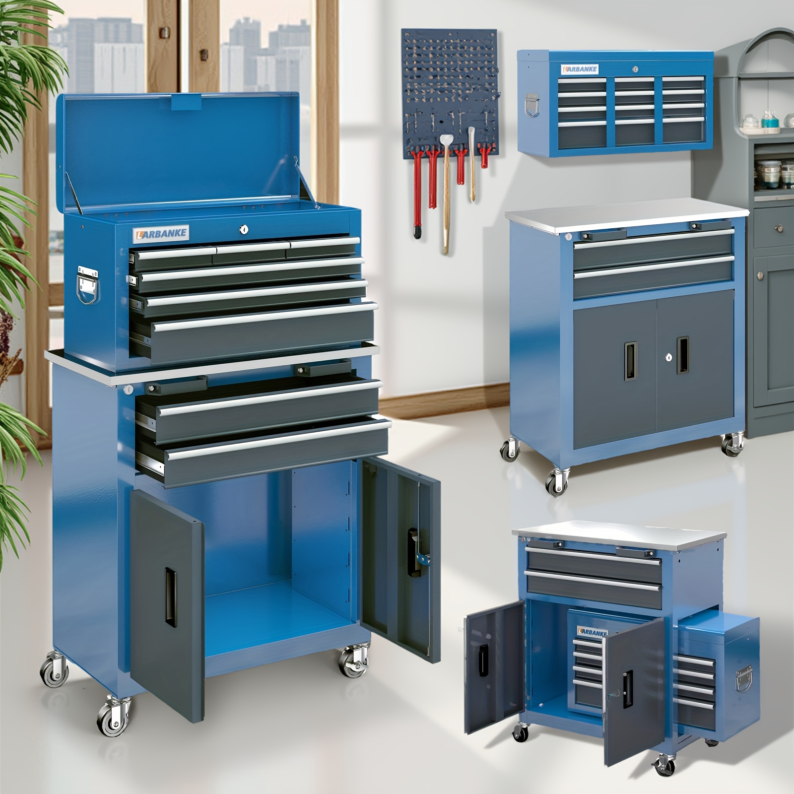 7-Drawer Rolling Tool Chest With Pegboard & Stainless Top – Heavy Duty Workstation, 600 Lb Capacity, Locking Wheels, Blue