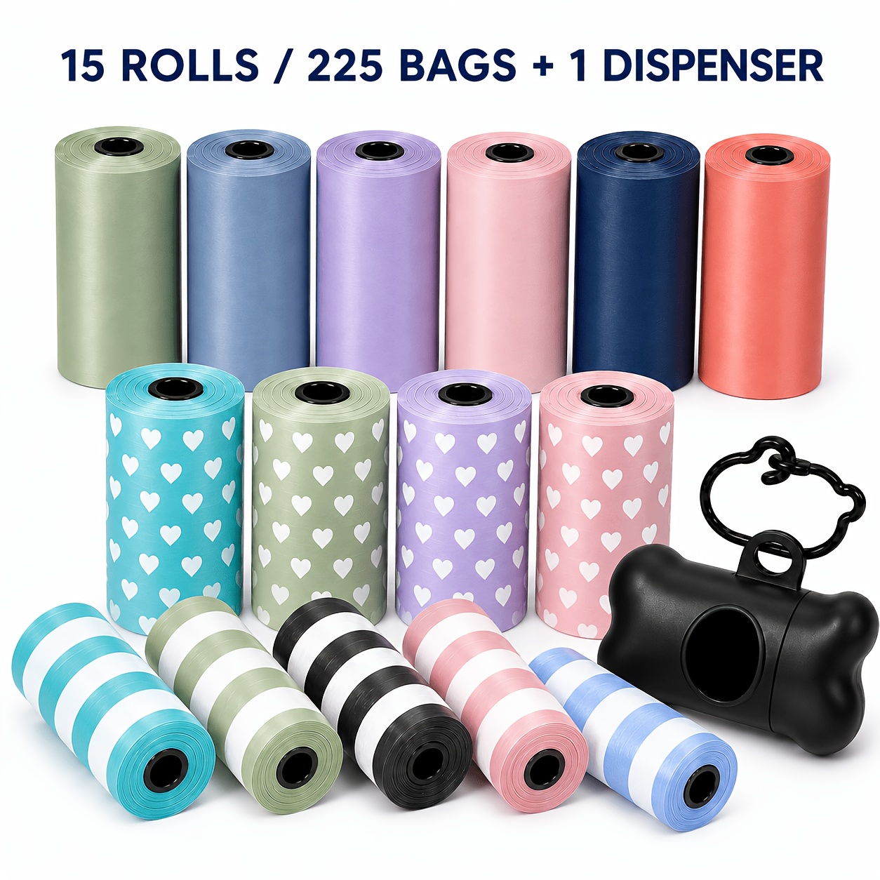 item picture 15 rolls 225 bags per pack with 1 dispenser mixed solid color heart shaped and striped   bags thickened leak proof and   suitable for daily outdoor dog   and cleaning