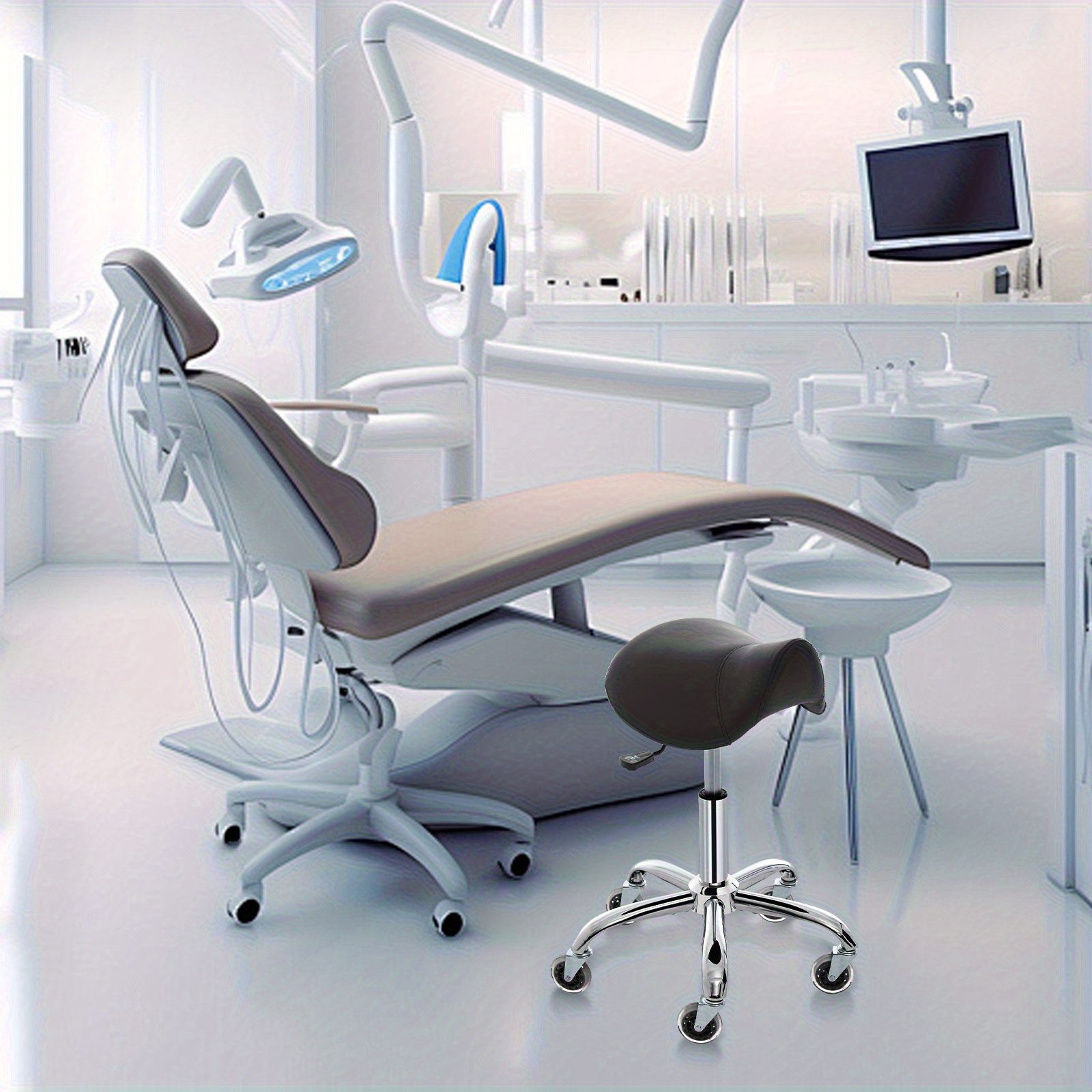 Swivel Adjustable PU Leather Chair - Ergonomic Saddle Stool with Wheels | for Drafting, Office, Clinic, Beauty & Tattoo - Metal Frame, Polished Finish, Memory Foam