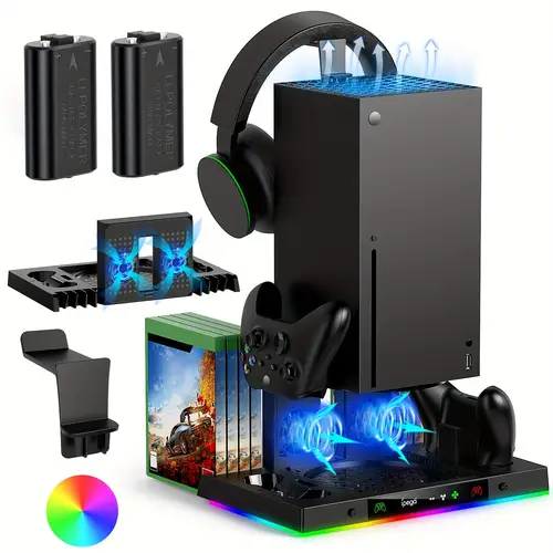 upgrade cooling fan dual controller charging station for with 15rgb light vertical stand charger dock with 2 rechargeable batteries packs cooler system with disc accessories storage