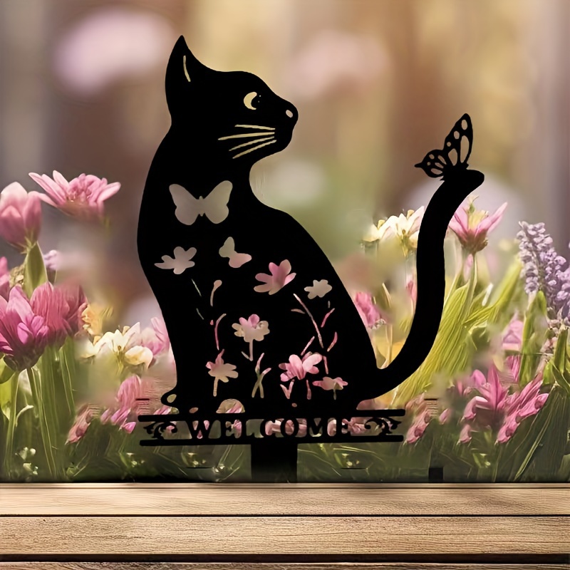 

1pc, Cute Cat Iron Metal Garden Decoration Animal Ground Plug Cat Guard Outdoor Garden Lawn Ornament Courtyard Art Decoration Hollow Silhouette