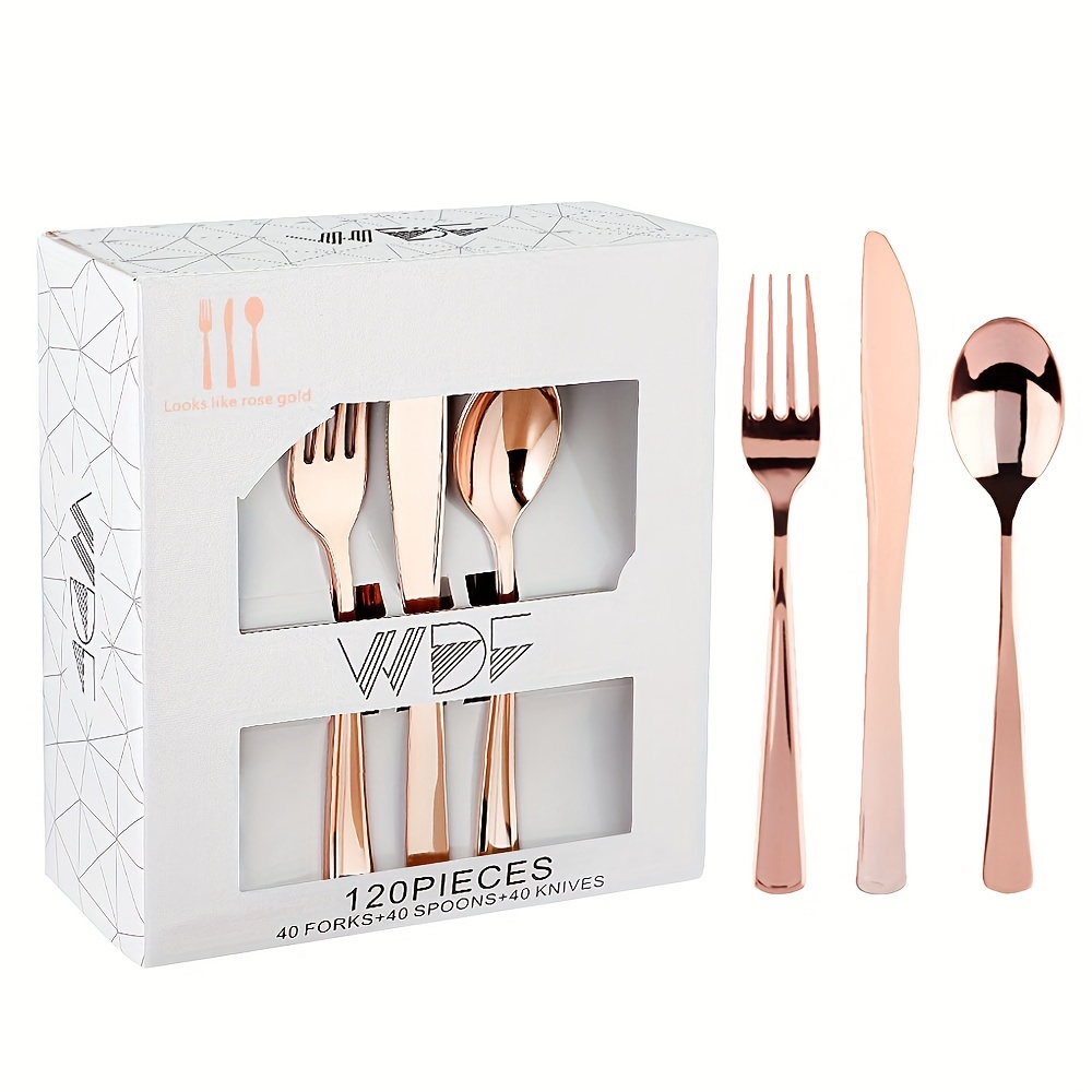 

120 Pieces Rose Gold Plastic Silverware- Disposable Flatware Set-heavyweight Plastic Cutlery- Includes 40 Forks, 40 Spoons, 40 Knives For Valentine's Day, Day, Wedding&party.