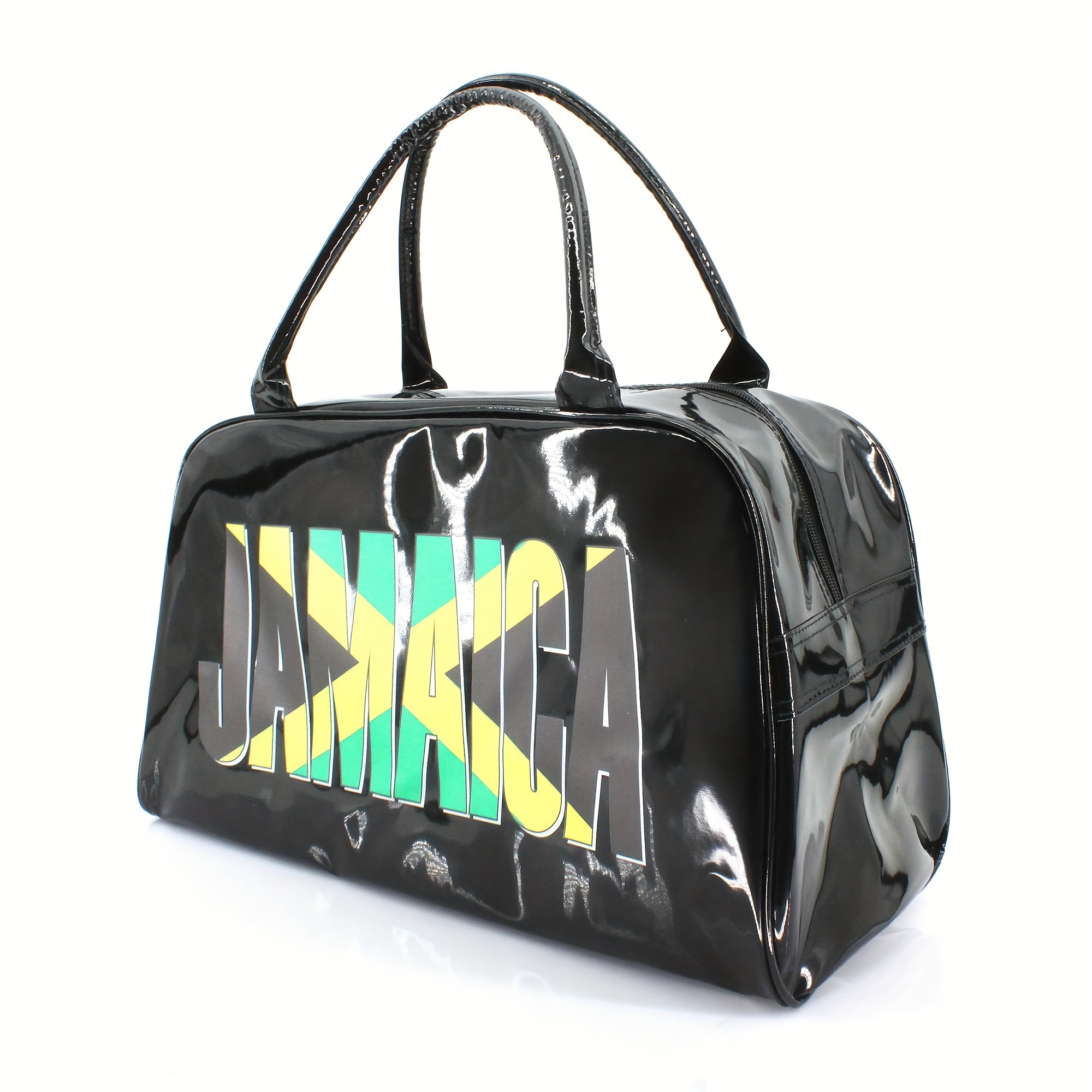 

Retro Jamaica Flag Print, Glossy Black Duffel Bag, 18x11x8.7 Inches, Faux Leather, Ethnic Style, Travel & Gym Storage Carry-on Bag