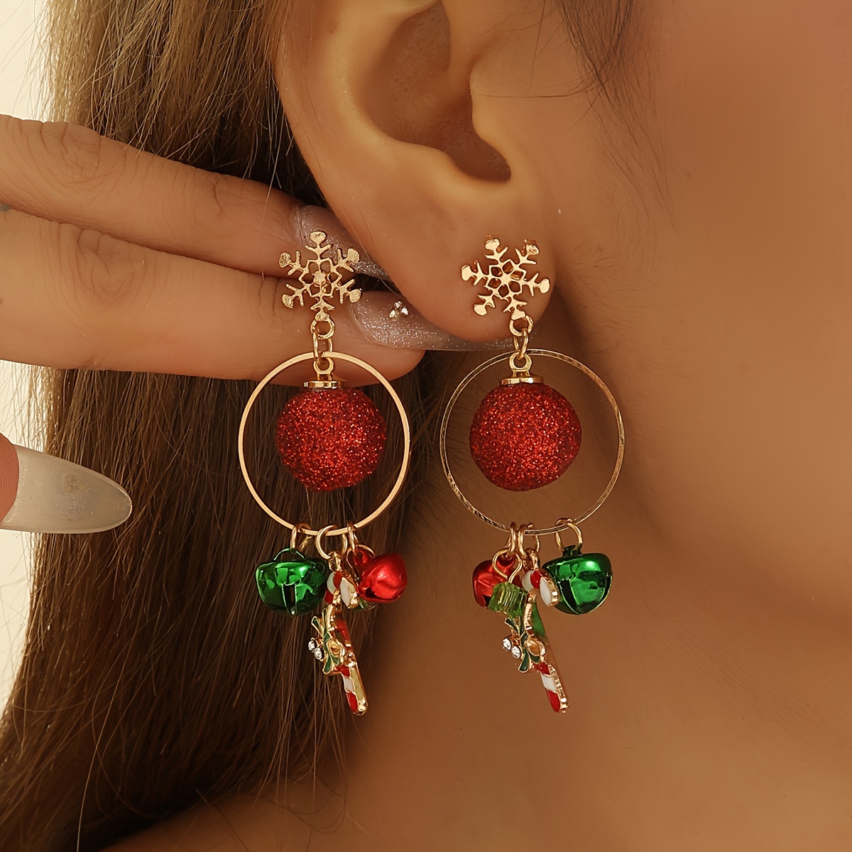 

Christmas Bell & Candy Cane Dangle Earrings - Sparkling Rhinestone, Zinc Alloy - Gift For Her