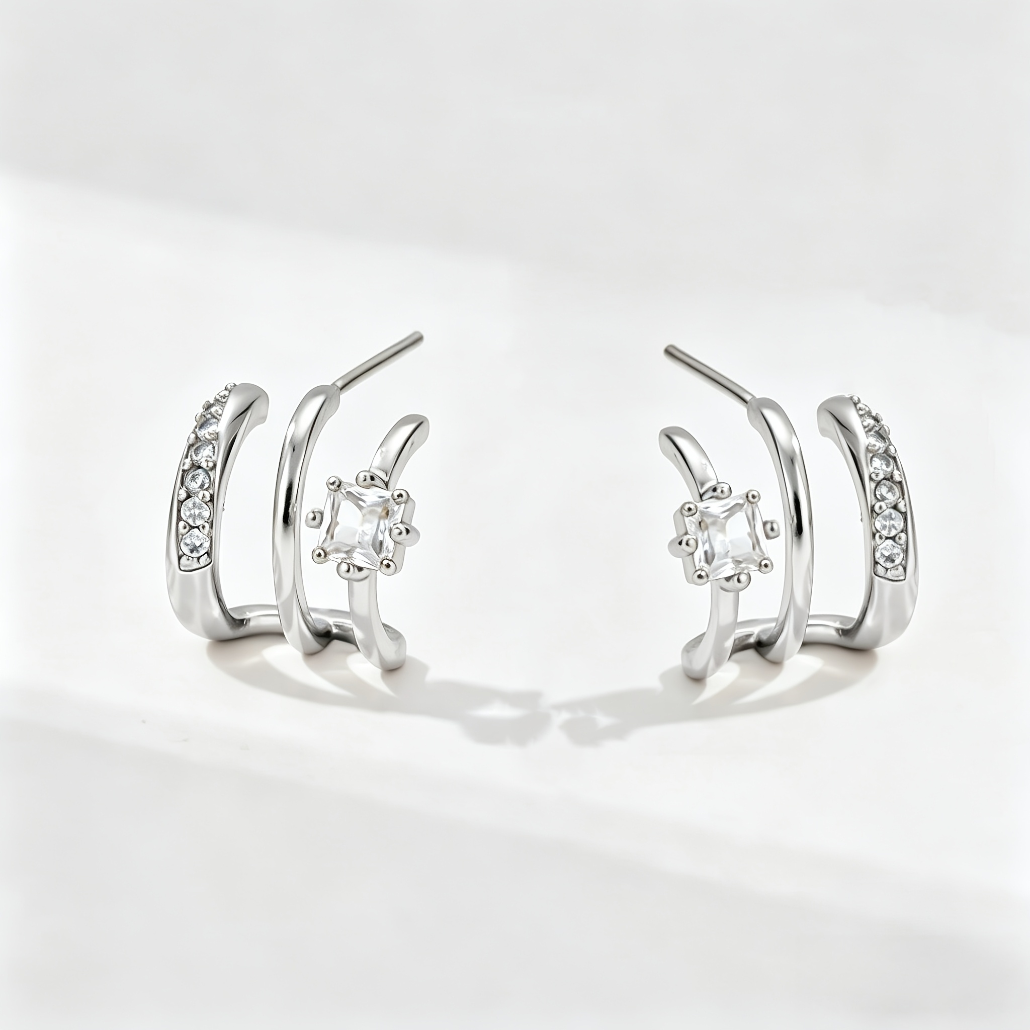 TEMU 2pcs Minimalist Triple-arc Copper Earrings, Inlaid With Shiny Synthetic Cubic Synthetic Zirconia, Stylish And Versatile Ear Accessories, ,