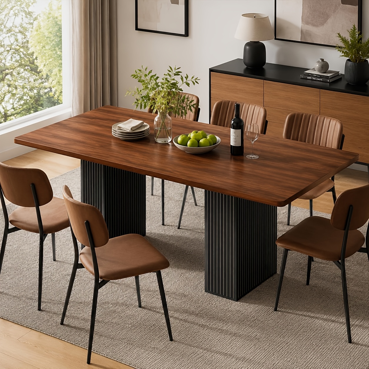 160 X 80cm Rectangular Dining Table, Modern Wood-look Dining Table With Black Metal Frame, For 6-8 People, Assembly, For Dining Room, Kitchen, Living Room
