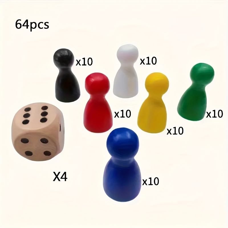 Image of 64pcs Colorful Wooden Chess Pieces And Dice - Great For Party Board Games, Decorative Markers, And Interactive Fun - Perfect For Family Gatherings, Birthdays, Weddings, And Graduations