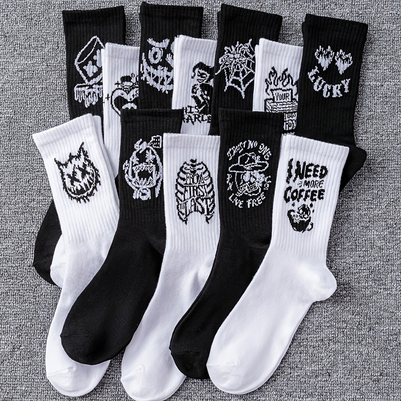 

Set Of 6/10 Pairs Of Men's Mid-calf Socks Featuring Random Black And White Graffiti Designs For All .