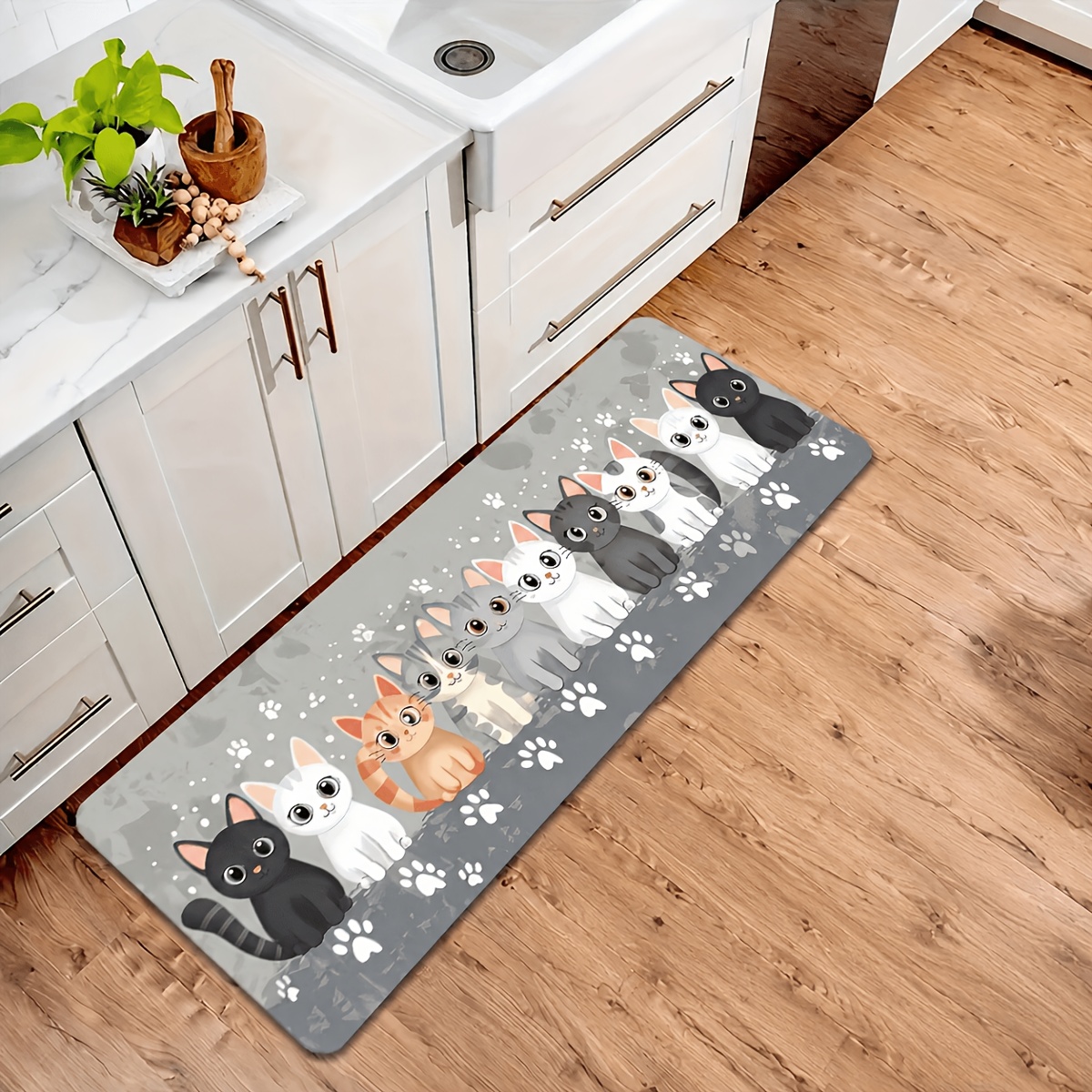TEMU Cute Cartoon Cat Paw Print Mat - Washable, Slip-resistant, Durable, And Absorbent. Suitable For Kitchen, Living Room, Bedroom, And Entryway