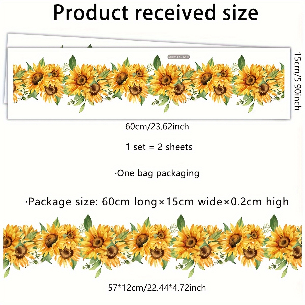 Image of 1 Set 2pcs (15 X 60cm X 2pcs) Sunflower Strip Decorative Wall Stickers Living Room Background Wall Room Self-adhesive Wall Mural (ms8718-kl)