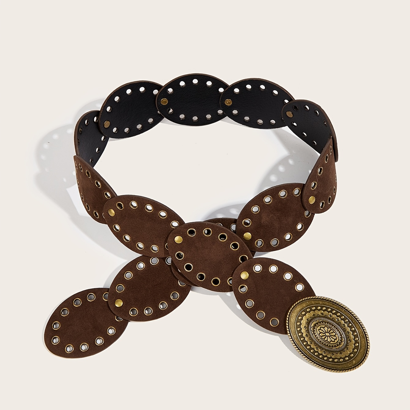 TEMU 1pc Vintage Boho Country Belt Brown Women's Belt, Retro Western Belt Individual Fashion Accessory, Copper-colored Hollow Floral Pattern ,