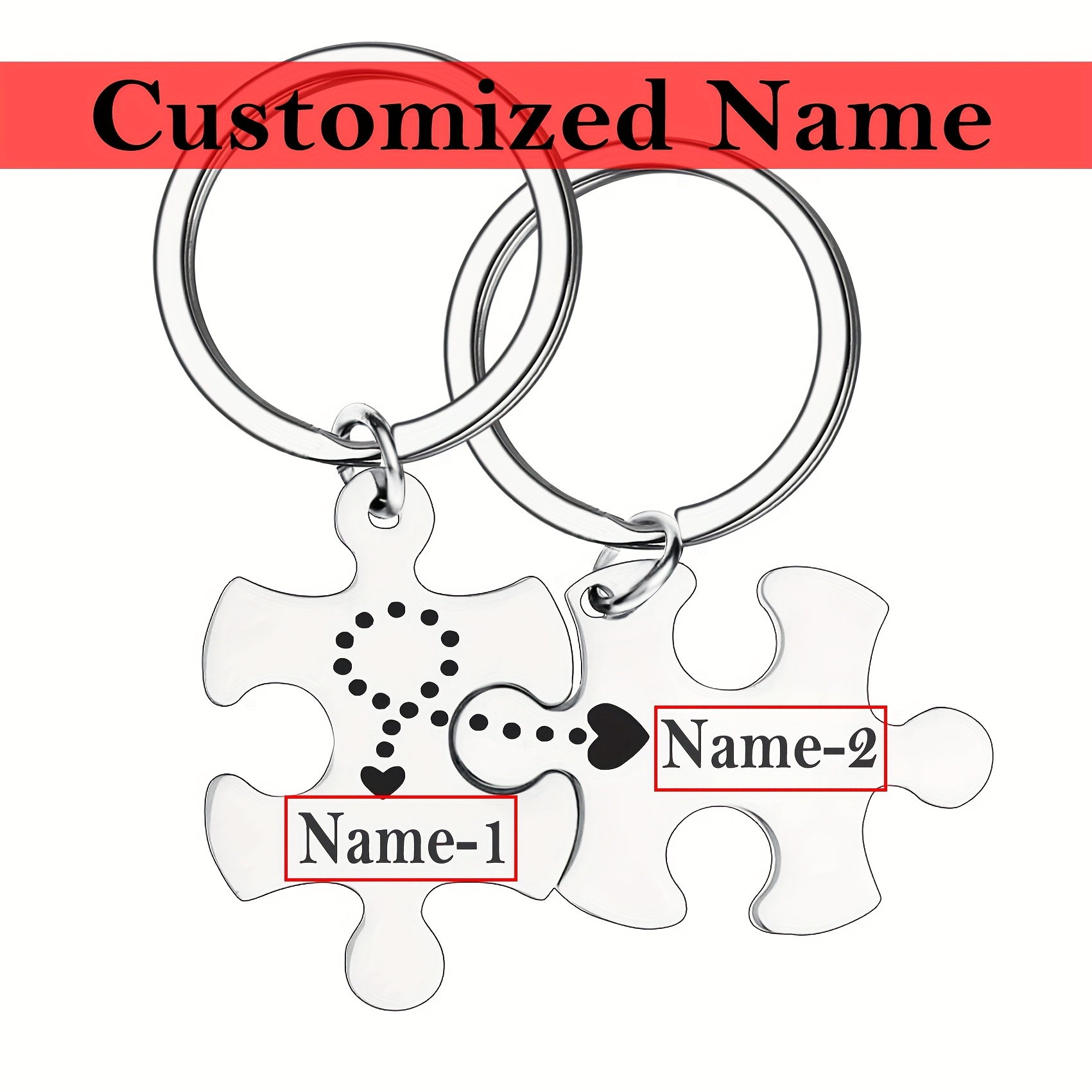 Image of Customization -2pcs/1 Set Of Couple Customized Puzzle Keychains, Carved Names, For Husband, Wife, Boyfriend, Girlfriend