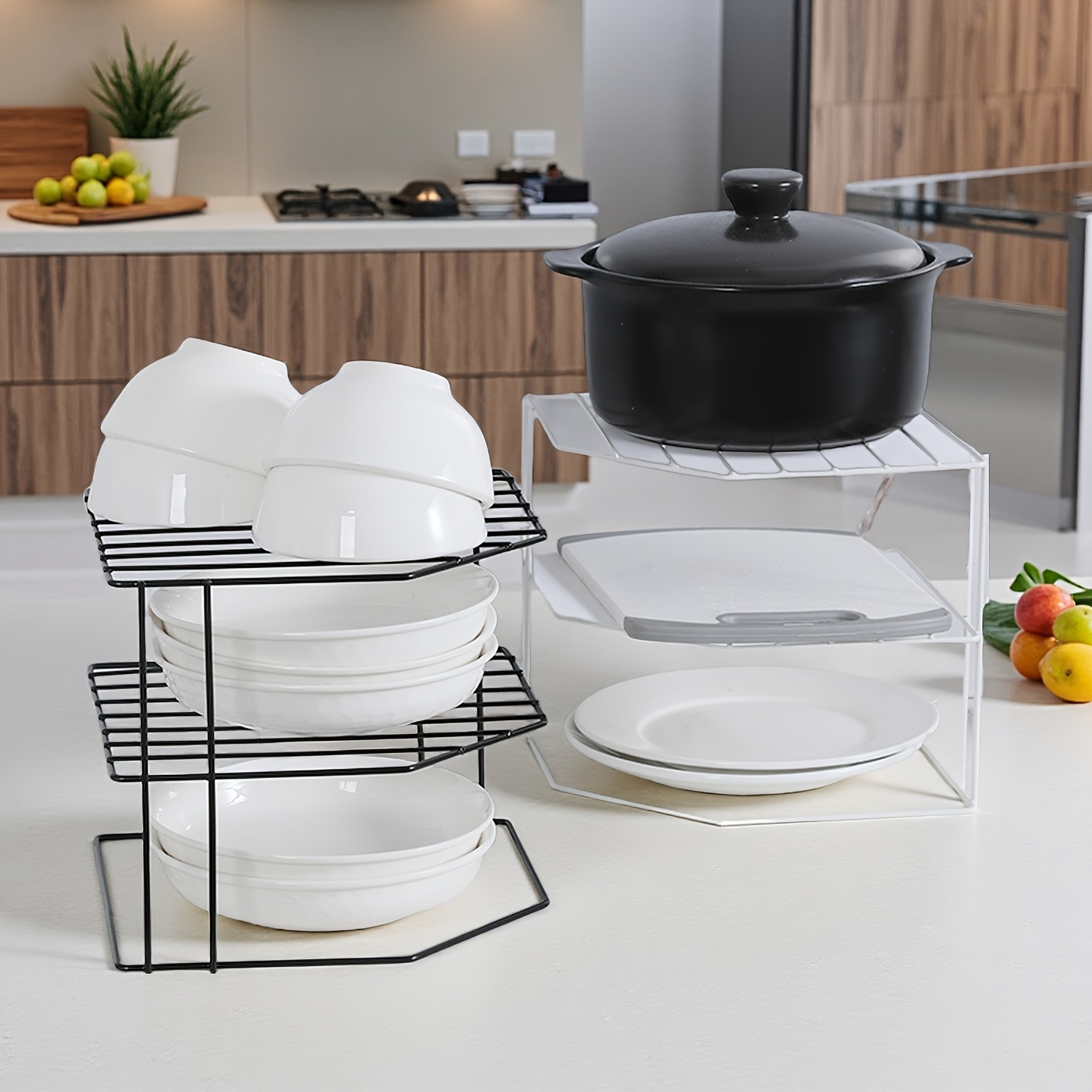 heavy duty space saving kitchen   storage rack multi tier countertop organizer with sturdy iron construction corner shelf for plates pots pans compact cabinet kitchen organization for small kitchens plate holder     durable metal   0
